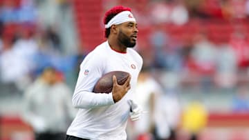 Dec 30, 2024; Santa Clara, California, USA; San Francisco 49ers wide receiver Jauan Jennings (15) warms up before the game against the Detroit Lions at Levi's Stadium. Mandatory Credit: Sergio Estrada-Imagn Images