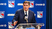 Mar 16, 2025; New York, New York, USA; New York Rangers head coach Peter Laviolette speaks to the media after a 3-1 loss to the Edmonton Oilers at Madison Square Garden. Mandatory Credit: Danny Wild-Imagn Images