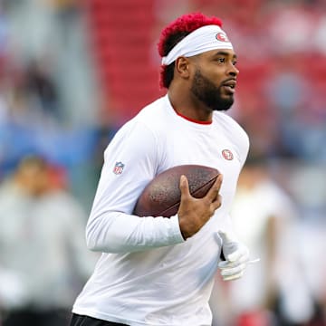 Dec 30, 2024; Santa Clara, California, USA; San Francisco 49ers wide receiver Jauan Jennings (15) warms up before the game against the Detroit Lions at Levi's Stadium. Mandatory Credit: Sergio Estrada-Imagn Images