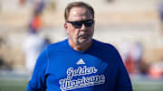 Sep 14, 2024; Tulsa, Oklahoma, USA;  Tulsa Golden Hurricane head coach Kevin Wilson during warmups before a game against the Oklahoma State Cowboys at Skelly Field at H.A. Chapman Stadium. Mandatory Credit: Brett Rojo-Imagn Images