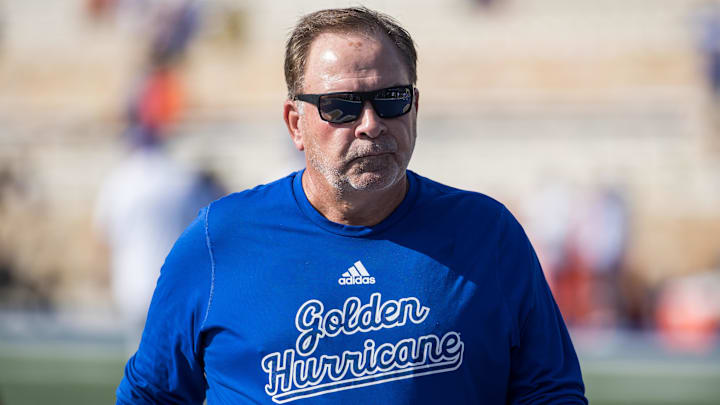 Sep 14, 2024; Tulsa, Oklahoma, USA; Tulsa Golden Hurricane head coach Kevin Wilson during warmups before a game against the Oklahoma State Cowboys at Skelly Field at H.A. Chapman Stadium. Mandatory Credit: Brett Rojo-Imagn Images Sep 14, 2024; Tulsa, Oklahoma, USA; Tulsa Golden Hurricane head coach Kevin Wilson during warmups before a game against the Oklahoma State Cowboys at Skelly Field at H.A. Chapman Stadium. Mandatory Credit: Brett Rojo-Imagn Images