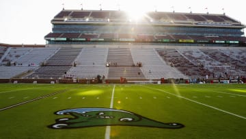 Sep 4, 2021; Norman, Oklahoma, USA;  The logo of the Tulane Green Wave is displayed on the field before the game against the Oklahoma Sooners at Gaylord Family-Oklahoma Memorial Stadium. Mandatory Credit: Kevin Jairaj-USA TODAY Sports