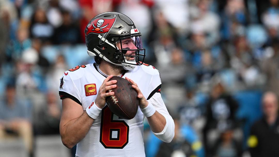 Dec 21, 2025; Charlotte, North Carolina, USA; Tampa Bay Buccaneers quarterback Baker Mayfield (6) looks to pass in the second quarter at Bank of America Stadium. Mandatory Credit: Bob Donnan-Imagn Images