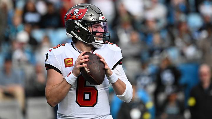 Dec 21, 2025; Charlotte, North Carolina, USA; Tampa Bay Buccaneers quarterback Baker Mayfield (6) looks to pass in the second quarter at Bank of America Stadium. Mandatory Credit: Bob Donnan-Imagn Images