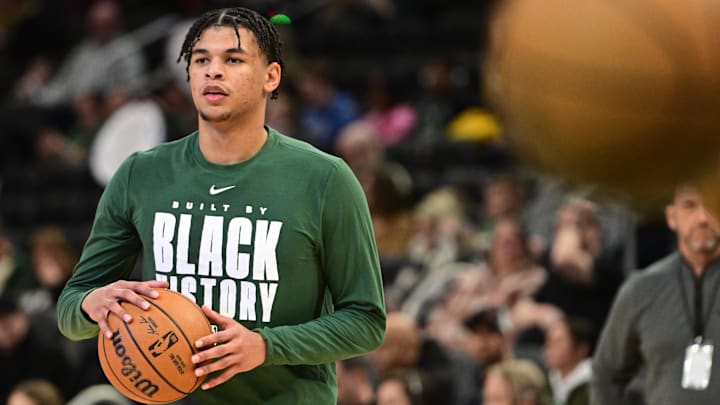 Feb 6, 2026; Milwaukee, Wisconsin, USA; Milwaukee Bucks forward Ousmane Dieng (21) warms up during halftime against the Indiana Pacers at Fiserv Forum. Mandatory Credit: Benny Sieu-Imagn Images
