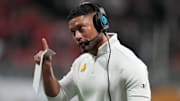 Jan 20, 2025; Atlanta, GA, USA; Notre Dame Fighting Irish head coach Marcus Freeman reacts against the Ohio State Buckeyes in the second half in the CFP National Championship college football game at Mercedes-Benz Stadium. 