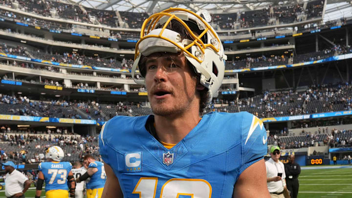 Sep 8, 2024; Inglewood, California, USA; Los Angeles Chargers quarterback Justin Herbert (10) reacts after the game against the Las Vegas Raiders at SoFi Stadium. Mandatory Credit: Kirby Lee-Imagn Images