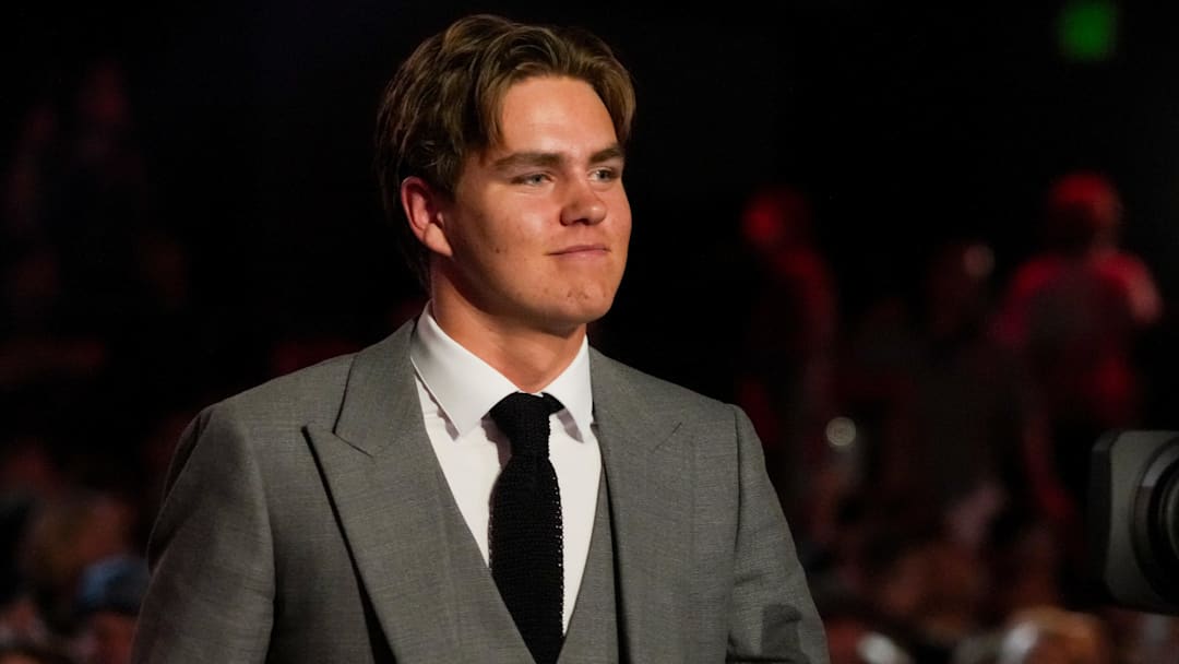 Jun 27, 2025; Los Angeles, California, USA; Anton Frondell is selected as the third overall pick to the Chicago Blackhawks in the first round of the 2025 NHL Draft at Peacock Theater. Mandatory Credit: Kirby Lee-Imagn Images