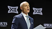 Oct 22, 2024; Kansas City, MO, USA; Big 12 Commissioner Brett Yormark speaks to media during Big 12 Women’s Basketball Media Day at T-Mobile Center. Mandatory Credit: Jay Biggerstaff-Imagn Images