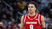 Mar 15, 2025; Indianapolis, IN, USA; Wisconsin Badgers guard John Tonje (9) in the second half  against the Michigan State Spartans at Gainbridge Fieldhouse. Mandatory Credit: Trevor Ruszkowski-Imagn Images