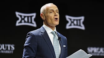 Oct 22, 2024; Kansas City, MO, USA; Big 12 Commissioner Brett Yormark speaks to media during Big 12 Women’s Basketball Media Day at T-Mobile Center. Mandatory Credit: Jay Biggerstaff-Imagn Images