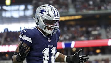 Jan 5, 2025; Arlington, Texas, USA;  Dallas Cowboys linebacker Micah Parsons (11) celebrates  after a sack during the first quarter against the Washington Commanders at AT&T Stadium. Mandatory Credit: Kevin Jairaj-Imagn Images