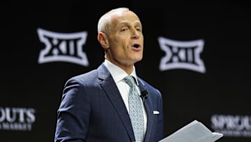 Oct 22, 2024; Kansas City, MO, USA; Big 12 Commissioner Brett Yormark speaks to media during Big 12 Women’s Basketball Media Day at T-Mobile Center. Mandatory Credit: Jay Biggerstaff-Imagn Images