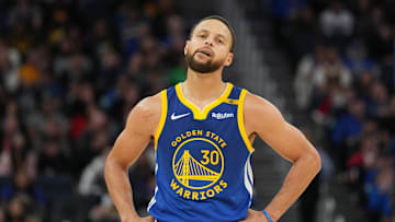 Dec 15, 2024; San Francisco, California, USA; Golden State Warriors guard Stephen Curry (30) stands on the court during the fourth quarter against the Dallas Mavericks at Chase Center. Mandatory Credit: Darren Yamashita-Imagn Images