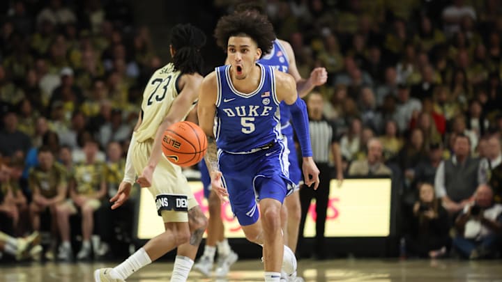 Feb 24, 2024; Winston-Salem, North Carolina, USA;  Duke basketball guard Tyrese Proctor (5) dribbles the ball during the second half against the Wake Forest Demon Deacons at Lawrence Joel Veterans Memorial Coliseum.