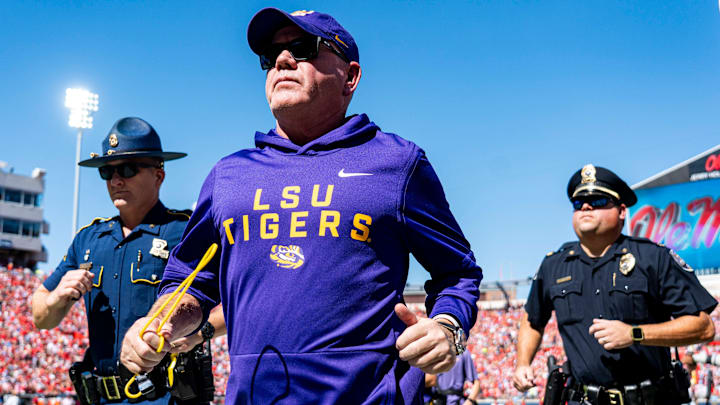 LSU head coach Brian Kelly runs off the field before a college football game between Ole Miss and LSU at Vaught-Hemingway Stadium in Oxford, Miss., on Saturday, Sept. 27, 2025. Ole Miss defeated LSU 24-19.