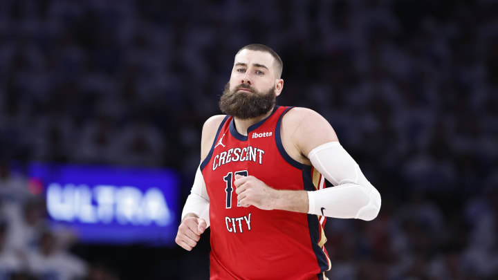 Apr 24, 2024; Oklahoma City, Oklahoma, USA; New Orleans Pelicans center Jonas Valanciunas (17) runs down the court after scoring against the Oklahoma City Thunder during the second half of game two of the first round for the 2024 NBA playoffs at Paycom Center. Mandatory Credit: Alonzo Adams-USA TODAY Sports