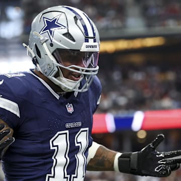 Jan 5, 2025; Arlington, Texas, USA;  Dallas Cowboys linebacker Micah Parsons (11) celebrates  after a sack during the first quarter against the Washington Commanders at AT&T Stadium. Mandatory Credit: Kevin Jairaj-Imagn Images