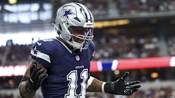 Jan 5, 2025; Arlington, Texas, USA;  Dallas Cowboys linebacker Micah Parsons (11) celebrates  after a sack during the first quarter against the Washington Commanders at AT&T Stadium. Mandatory Credit: Kevin Jairaj-Imagn Images