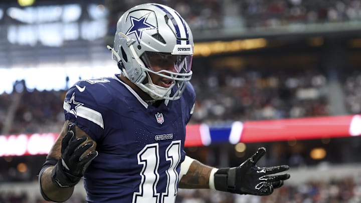 Jan 5, 2025; Arlington, Texas, USA;  Dallas Cowboys linebacker Micah Parsons (11) celebrates  after a sack during the first quarter against the Washington Commanders at AT&T Stadium. Mandatory Credit: Kevin Jairaj-Imagn Images