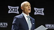 Oct 22, 2024; Kansas City, MO, USA; Big 12 Commissioner Brett Yormark speaks to media during Big 12 Women’s Basketball Media Day at T-Mobile Center. 