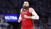Apr 24, 2024; Oklahoma City, Oklahoma, USA; New Orleans Pelicans center Jonas Valanciunas (17) runs down the court after scoring against the Oklahoma City Thunder during the second half of game two of the first round for the 2024 NBA playoffs at Paycom Center.