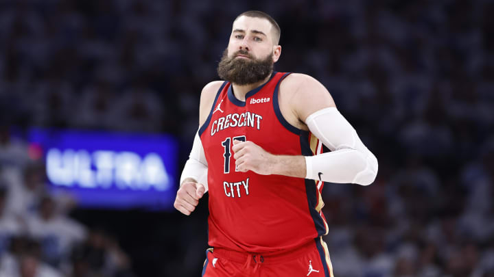 Apr 24, 2024; Oklahoma City, Oklahoma, USA; New Orleans Pelicans center Jonas Valanciunas (17) runs down the court after scoring against the Oklahoma City Thunder during the second half of game two of the first round for the 2024 NBA playoffs at Paycom Center.