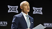 Oct 22, 2024; Kansas City, MO, USA; Big 12 Commissioner Brett Yormark speaks to media during Big 12 Women’s Basketball Media Day at T-Mobile Center. Mandatory Credit: Jay Biggerstaff-Imagn Images