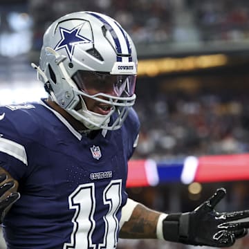 Jan 5, 2025; Arlington, Texas, USA;  Dallas Cowboys linebacker Micah Parsons (11) celebrates  after a sack during the first quarter against the Washington Commanders at AT&T Stadium. Mandatory Credit: Kevin Jairaj-Imagn Images