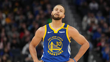 Dec 15, 2024; San Francisco, California, USA; Golden State Warriors guard Stephen Curry (30) stands on the court during the fourth quarter against the Dallas Mavericks at Chase Center. Mandatory Credit: Darren Yamashita-Imagn Images