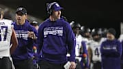 Oct 11, 2024; College Park, Maryland, USA;  Northwestern Wildcats head coach David Braun walks the sidelines during the first half against the Maryland Terrapins at SECU Stadium. Mandatory Credit: Tommy Gilligan-Imagn Images