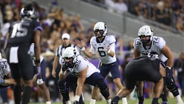 Sep 30, 2023; Fort Worth, Texas, USA; West Virginia Mountaineers offensive lineman Tomas Rimac (55) on the line of scrimmage in the second quarter against the TCU Horned Frogs at Amon G. Carter Stadium. Mandatory Credit: Tim Heitman-Imagn Images