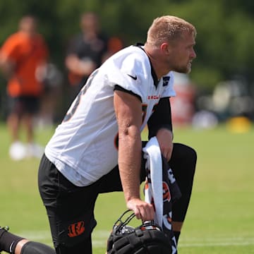 Jul 25, 2025; Cincinnati, OH, USA; Cincinnati Bengals tight end Mike Gesicki (88) takes a knee during training camp practice. Mandatory Credit: Kareem Elgazzar-Imagn Images