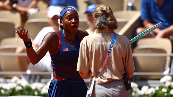 [US, Mexico & Canada customers only] Jul 30, 2024; Paris, France; Coco Gauff (USA) talks with an official in her match against Donna Vekic (CRO) during her third round tennis match during the Paris 2024 Olympic Summer Games at Stade Roland Garros. Mandatory Credit: Edgar Su/Reuters via USA TODAY Sports