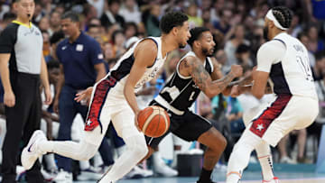 Jul 31, 2024; Villeneuve-d'Ascq, France; United States guard Tyrese Haliburton (9) drives in the second quarter against South Sudan during the Paris 2024 Olympic Summer Games at Stade Pierre-Mauroy. Mandatory Credit: John David Mercer-USA TODAY Sports