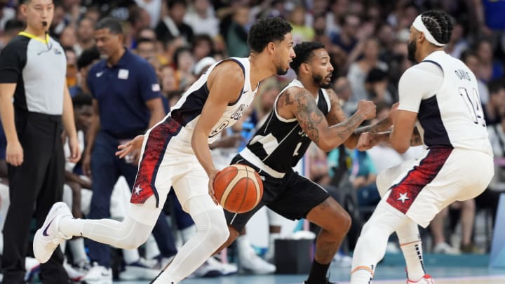 Jul 31, 2024; Villeneuve-d'Ascq, France; United States guard Tyrese Haliburton (9) drives in the second quarter against South Sudan during the Paris 2024 Olympic Summer Games at Stade Pierre-Mauroy. Mandatory Credit: John David Mercer-USA TODAY Sports