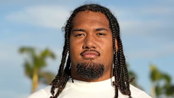 (#44) Keenyi Pepe, OL, 6'7, 330 pounds, for the white team, Class of 2026, during IMG's Academy Pro Day held at IMG's football field in Bradenton, FL on Thursday, Feb, 27, 2025.