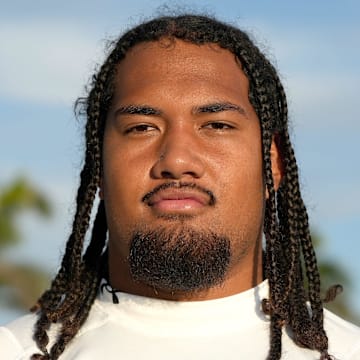 (#44) Keenyi Pepe, OL, 6'7, 330 pounds, for the white team, Class of 2026, during IMG's Academy Pro Day held at IMG's football field in Bradenton, FL on Thursday, Feb, 27, 2025.