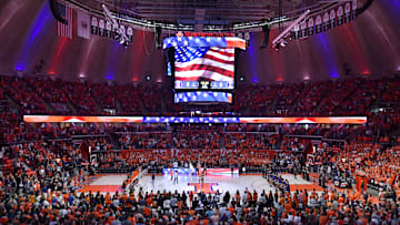 Jan 26, 2025; Champaign, Illinois, USA; A general view of the stadium before a game with the Northwestern Wildcats at State Farm Center. Mandatory Credit: Ron Johnson-Imagn Images