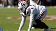 Oct 12, 2024; Tuscaloosa, Alabama, USA;  South Carolina Gamecocks edge Bryan Thomas Jr. (46) during the second half at Bryant-Denny Stadium. Mandatory Credit: Butch Dill-Imagn Images