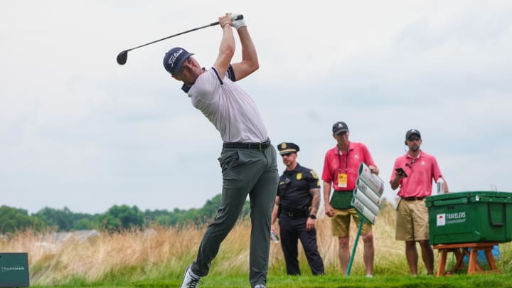 Jun 22, 2024; Cromwell, Connecticut, USA; Justin Thomas tees off on the third hole during the third round of the Travelers Championship golf tournament at TPC River Highlands. Mandatory Credit: Gregory Fisher-USA TODAY Sports