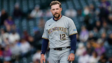 Apr 9, 2025; Denver, Colorado, USA; Milwaukee Brewers first baseman Rhys Hoskins (12) in the second inning against the Colorado Rockies at Coors Field. Mandatory Credit: Isaiah J. Downing-Imagn Images