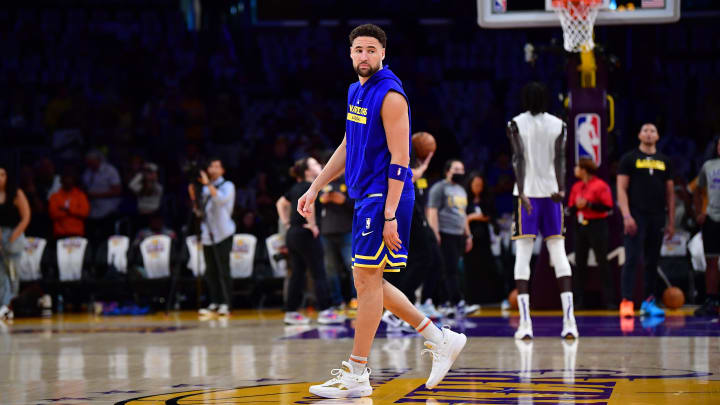 May 6, 2023; Los Angeles, California, USA; Golden State Warriors guard Klay Thompson (11) before playing against the Los Angeles Lakers in game three of the 2023 NBA playoffs at Crypto.com Arena. Mandatory Credit: Gary A. Vasquez-USA TODAY Sports
