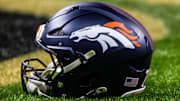 Aug 23, 2025; New Orleans, Louisiana, USA; Detailed view of the Denver Broncos helmet against the New Orleans Saints during warmups at Caesars Superdome. 