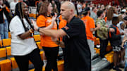 Oklahoma State coach Steve Lutz celebrates with fans after a college basketball game between the Oklahoma State Cowboys (OSU) and the Green Bay Phoenix at Gallagher-Iba Arena in Stillwater, Okla., Monday, Nov. 4, 2024.