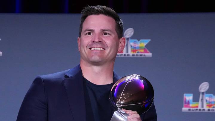 Seattle Seahawks head coach Mike Macdonald poses with the Vince Lombardi trophy