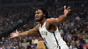 Nov 24, 2024; Sacramento, California, USA; Brooklyn Nets guard Cam Thomas (24) gestures during the first quarter against the Sacramento Kings at Golden 1 Center. Mandatory Credit: Darren Yamashita-Imagn Images