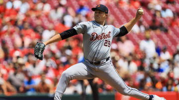 Jul 7, 2024; Cincinnati, Ohio, USA; Detroit Tigers starting pitcher Tarik Skubal (29) pitches against the Cincinnati Reds in the first inning at Great American Ball Park. Mandatory Credit: Katie Stratman-USA TODAY Sports