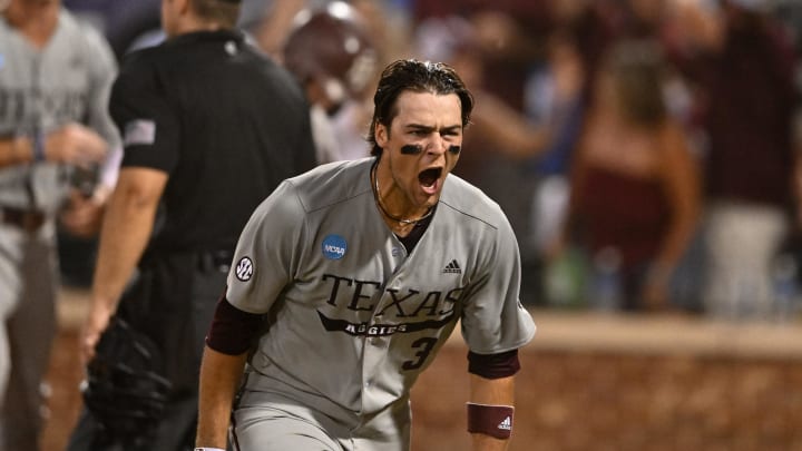 Jun 9, 2024; College Station, TX, USA; Texas A&M infielder Kaeden Kent (3) hits a grand slam in the top of the seventh inning against Oregon at Olsen Field, Blue Bell Park Mandatory Credit: Maria Lysaker-USA TODAY Sports