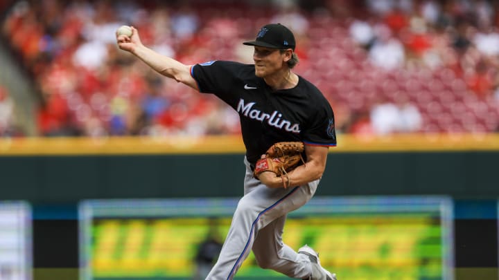 Miami Marlins pitcher Declan Cronin (51) pitches against the Cincinnati Reds in the seventh inning at Great American Ball Park on July 14.